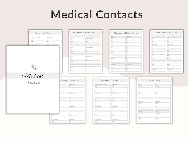 May include: A set of printable medical contact sheets. The title "Medical Contacts" is at the top. The sheets include sections for emergency contacts, pharmacy, medication lists, care team, and insurance information. The cover sheet has a phone icon.