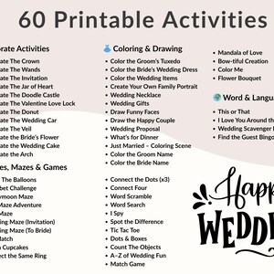 Puede incluir: Una lista de 60 actividades imprimibles para bodas, que incluyen decoraci&oacute;n, coloreado, rompecabezas, laberintos y juegos de palabras. La imagen presenta el texto "Happy Wedding" en una fuente decorativa.