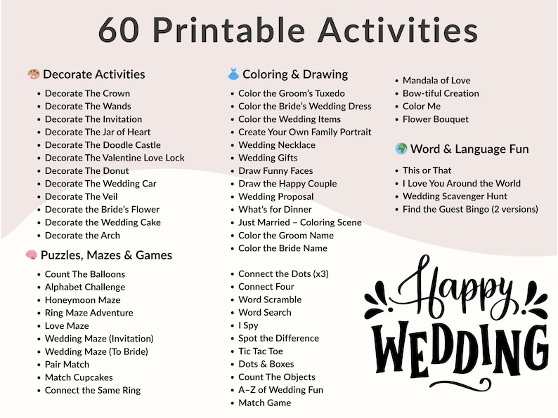Puede incluir: Una lista de 60 actividades imprimibles para bodas, que incluyen decoraci&oacute;n, coloreado, rompecabezas, laberintos y juegos de palabras. La imagen presenta el texto "Happy Wedding" en una fuente decorativa.