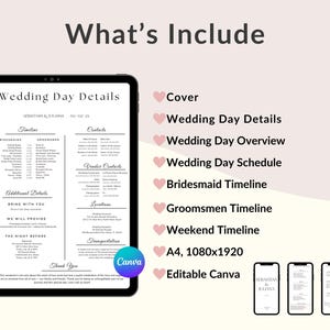 May include: A digital wedding day details template displayed on a tablet. The template includes sections for timelines, contacts, and additional details. The text "What's Include" is at the top, with a list of features.