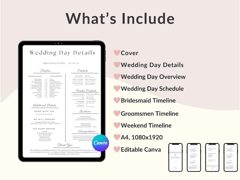 May include: A digital wedding day details template displayed on a tablet. The template includes sections for timelines, contacts, and additional details. The text "What's Include" is at the top, with a list of features.
