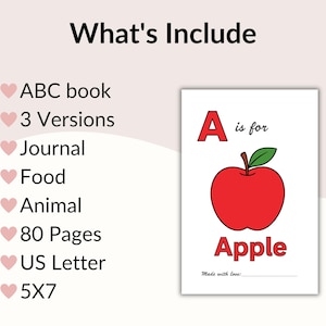 May include: An educational ABC book with a red apple illustration. The image includes the text "A is for Apple" and "What's Include". The book has 80 pages and is US Letter size, 5x7 inches.