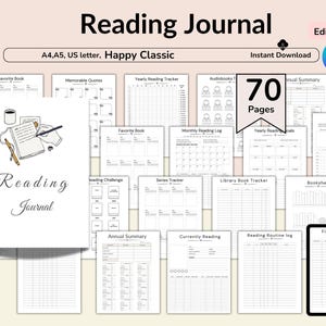 以下が含まれることがあります： お気に入りの本、年間読書、オーディオブックのトラッカーなど、70ページを含むデジタル読書ジャーナル。表紙には、ペン、本、コーヒーカップのイラストが描かれています。A4、A5、USレターサイズで利用できます。