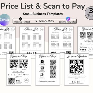 May include: A collection of small business templates, including price lists and scan-to-pay options. The templates are available in three sizes and are instantly downloadable. The design is primarily black and white with the text "Price List & Scan to Pay".