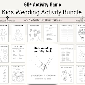 以下が含まれることがあります： 60以上のゲームが収録された、印刷可能な子供向けウェディングアクティビティバンドル。ウェディング衣装、アイテム、I Spy、アルファベットチャレンジ、点つなぎなどのアクティビティの塗り絵が含まれています。手とSebastian & Julianaの名前が書かれた表紙が特徴です。