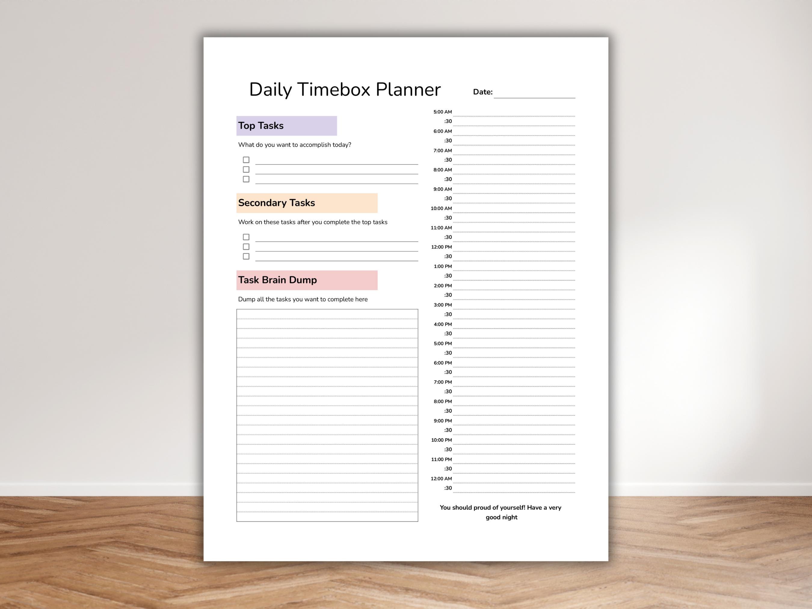 Daily Time Box Planner, Daily Time Blocking Schedule, 24 Hour Planner ...