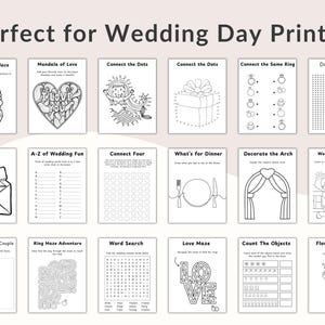 Puede incluir: Una colecci&oacute;n de hojas de actividades con tem&aacute;tica de boda en blanco y negro. Las hojas incluyen conectar los puntos, laberintos, p&aacute;ginas para colorear y b&uacute;squedas de palabras. El texto "Perfect for Wedding Day Printing" est&aacute; en la parte superior.