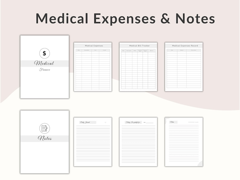 May include: A set of printable medical expense and notes pages. The pages include a medical planner, medical expense record, medical bill tracker, and lined pages for notes. The title "Medical Expenses & Notes" is at the top.