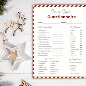 May include: A Secret Santa questionnaire with a red and white striped border. The questionnaire includes sections for favorite things, preferences, and gift card wishes. Decorative wooden star and reindeer ornaments are in the background.