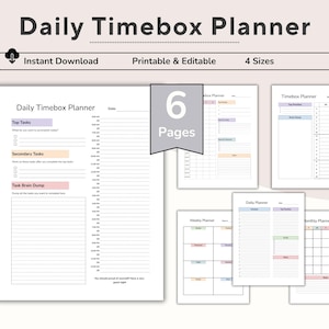 May include: A collection of printable daily, weekly, and monthly planners. The main planner features a timebox layout with sections for top and secondary tasks, and a task brain dump. The image includes the text "Daily Timebox Planner", "Instant Download", and "Printable & Editable".