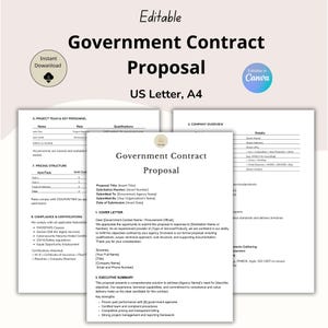 Peut inclure: Modèle de proposition de contrat gouvernemental modifiable, aux formats US Letter et A4. Le document comprend des sections pour l'équipe du projet, les prix, la conformité et un aperçu de l'entreprise. Personnalisable dans Canva, téléchargement instantané.
