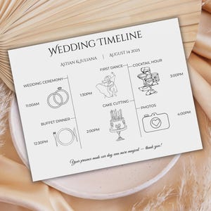 Puede incluir: Una tarjeta de cronograma de boda con los nombres Astian & Juliana y la fecha 14 de agosto de 2025. La tarjeta presenta un horario con ilustraciones para la ceremonia de boda, la cena buffet, el primer baile, el corte de la tarta, la hora del cóctel y las fotos.