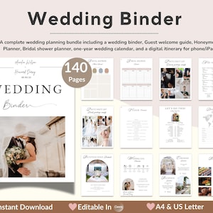 Puede incluir: Un paquete de planificación de bodas con un archivador de bodas, guía de bienvenida para invitados y más. La portada presenta una pareja y el texto "Wedding Binder". Incluye 140 páginas, formatos A4 y US Letter.