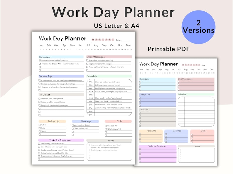 K&ouml;nnte beinhalten: Zwei druckbare PDF-Tagesplaner. Die Planer sind mit "US Letter & A4" beschriftet und enthalten Abschnitte f&uuml;r Erinnerungen, To-Do-Listen, E-Mails, Besprechungen und Notizen. Der Text "Work Day Planner" steht oben.