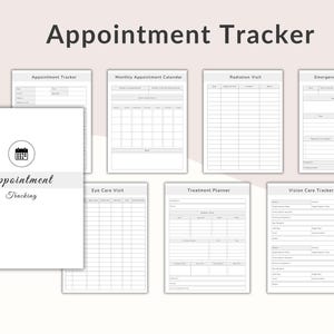 May include: A set of printable appointment trackers, including a monthly calendar, radiation visit, and emergency hospital visit forms. The main page features the text "Appointment Tracker" and "Appointment Tracking" with a calendar icon.