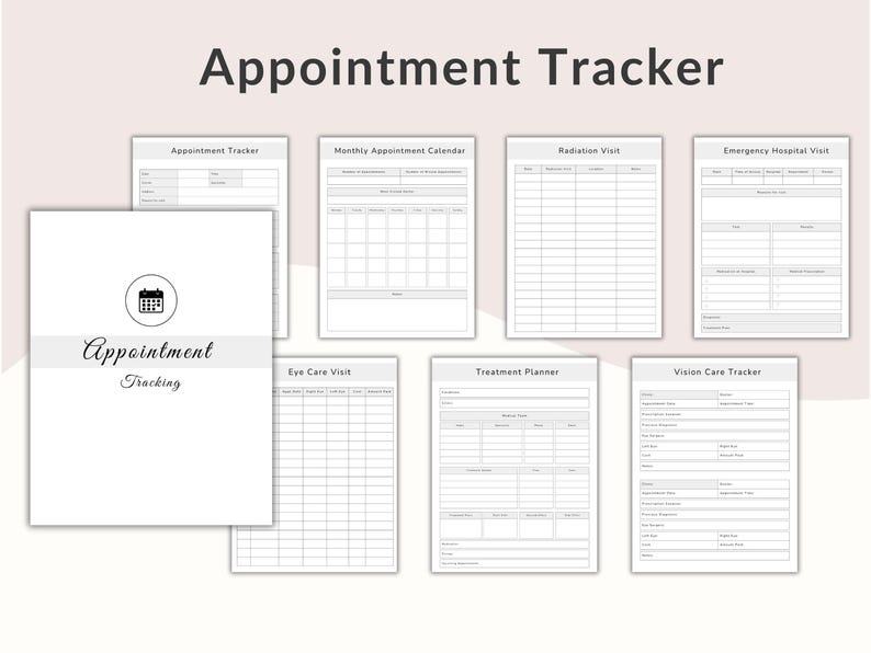 May include: A set of printable appointment trackers, including a monthly calendar, radiation visit, and emergency hospital visit forms. The main page features the text "Appointment Tracker" and "Appointment Tracking" with a calendar icon.