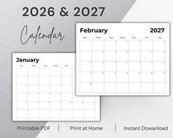 Calendario stampabile 2026 2027, calendario da parete 2026, calendario annuale, calendario annuale orizzontale, calendario biennale, inizio lunedì e domenica