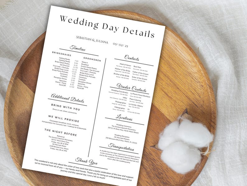 May include: A wedding day details card with the names Sebastian & Juliana and the date 05/02/25. The card includes a timeline, contacts, vendor contacts, additional details, and locations. The card is on a wooden tray.