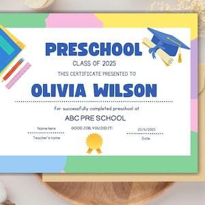 Preschool Graduation Certificate Template, Prek Certificate, Kindergarten Diploma, Preschool Grad, End Of Year Award, Diploma For Kids, PDF