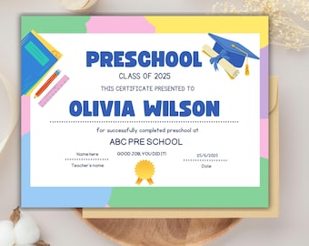 Preschool Graduation Certificate Template, Prek Certificate, Kindergarten Diploma, Preschool Grad, End Of Year Award, Diploma For Kids, PDF