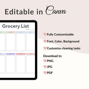 Op de afbeelding: Een digitale boodschappenlijstsjabloon weergegeven op een zwarte tablet. De sjabloon is verdeeld in secties voor verschillende voedselcategorie&euml;n. Tekst op het scherm luidt "Grocery List" en "Editable in Canva". Extra tekst geeft aan dat de sjabloon volledig aanpasbaar is.