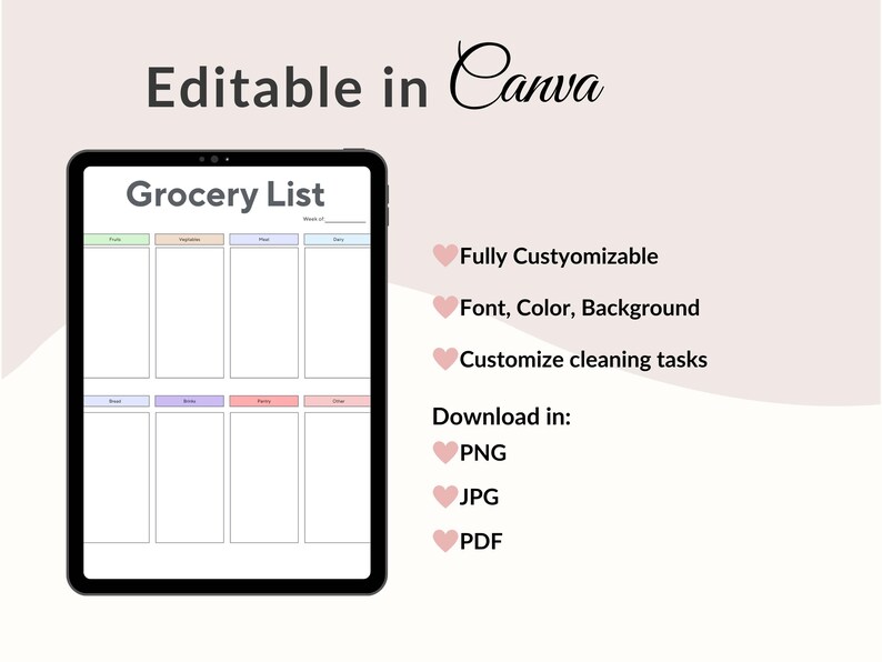 Op de afbeelding: Een digitale boodschappenlijstsjabloon weergegeven op een zwarte tablet. De sjabloon is verdeeld in secties voor verschillende voedselcategorie&euml;n. Tekst op het scherm luidt "Grocery List" en "Editable in Canva". Extra tekst geeft aan dat de sjabloon volledig aanpasbaar is.