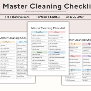 May include: Three printable cleaning checklists with the title "Master Cleaning Checklist". The checklists are organized by room and include fillable boxes for tasks. The top banner reads "Fill & Blank Versions, Printable & Editable, A4 & US Letter."