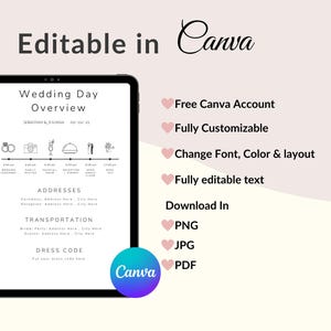 May include: A digital wedding day overview template displayed on a black tablet. The template includes sections for addresses, transportation, and dress code. The text "Editable in Canva" is at the top, with the Canva logo at the bottom.