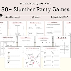 Puede incluir: Juegos de fiesta de pijamas imprimibles y editables, incluyendo "Pass the Prize" y "Would You Rather". La imagen muestra varias hojas de juego con texto y gráficos, perfectas para una noche divertida. El texto "30+ Slumber Party Games" se muestra de forma destacada.