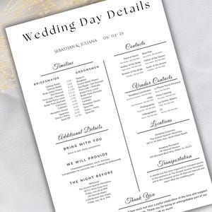 May include: A black and white wedding day details sheet with the names Sebastian & Juliana, and the date 05/02/25. The sheet includes timelines, contacts, vendor contacts, locations, and additional details.