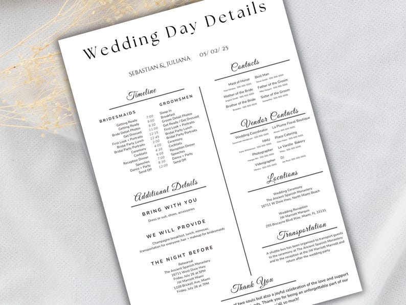 May include: A black and white wedding day details sheet with the names Sebastian & Juliana, and the date 05/02/25. The sheet includes timelines, contacts, vendor contacts, locations, and additional details.