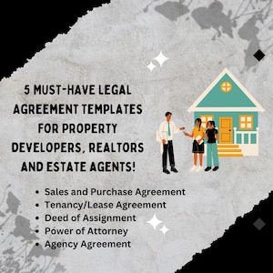 May include: Illustration of a real estate agent handing keys to a couple in front of a teal house. Text reads: "5 Must-Have Legal Agreement Templates for Property Developers, Realtors and Estate Agents!"  The list includes: "Sales and Purchase Agreement", "Tenancy/Lease Agreement", "Deed of Assignment", "Power of Attorney", "Agency Agreement".