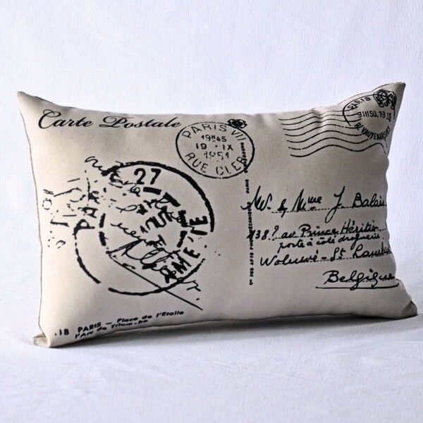 French Postcard pillow, French script, French decor