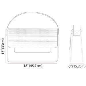 May include: A black and white line drawing of a handbag with a top handle and a flap closure. The bag is 13 inches tall and 18 inches wide. The strap is 6 inches long.