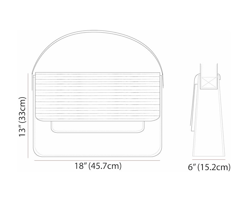 May include: A black and white line drawing of a handbag with a top handle and a flap closure. The bag is 13 inches tall and 18 inches wide. The strap is 6 inches long.