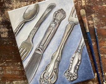 Vintage Silverware, 9x12 Oil painting, Original art