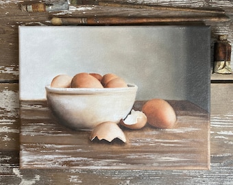 Brown eggs oil painting, 9x12 Original art, Wall art