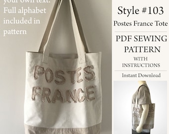 Tote bag, Customize Text, PDF Pattern, Sewing Pattern, Digital Download, Style#103