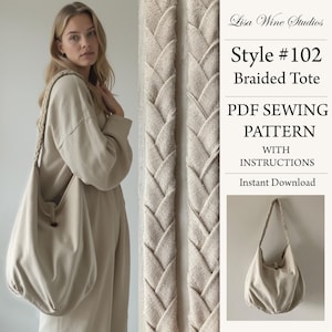 May include: A PDF sewing pattern for a braided tote bag. The pattern includes instructions for making the bag. The image shows a woman wearing a beige top and holding a beige tote bag. The bag is made of a braided fabric.