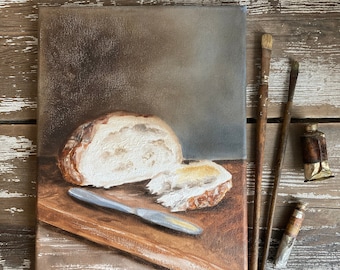 Sourdough bread oil painting, 9x12 Original art, Wall art