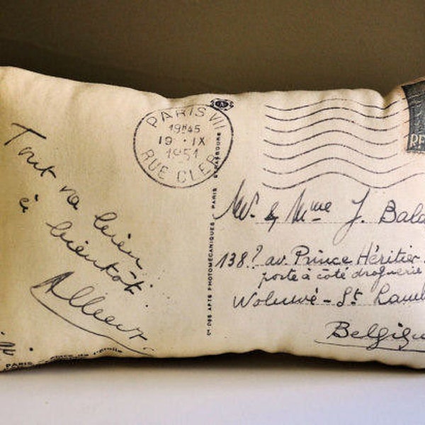 French script postcard pillow, French decor
