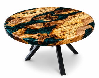Handmade Walnut Epoxy River Coffee Table – Emerald Green Resin Live Edge Round Furniture