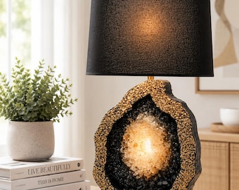 Black Gold Geode Resin Lamp, Handmade Crystal Night Light, Unique Home Decor