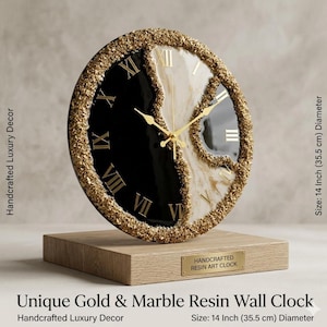 Reloj de pared de resina con efecto mármol dorado de 14 pulgadas / Decoración moderna en blanco y negro