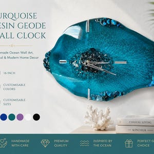 May include: A 16-inch turquoise resin geode wall clock with a glossy finish, featuring a central cluster of dark crystals, silver clock hands, and decorative stone accents along the edges. The text reads TURQUOISE RESIN GEODE WALL CLOCK.