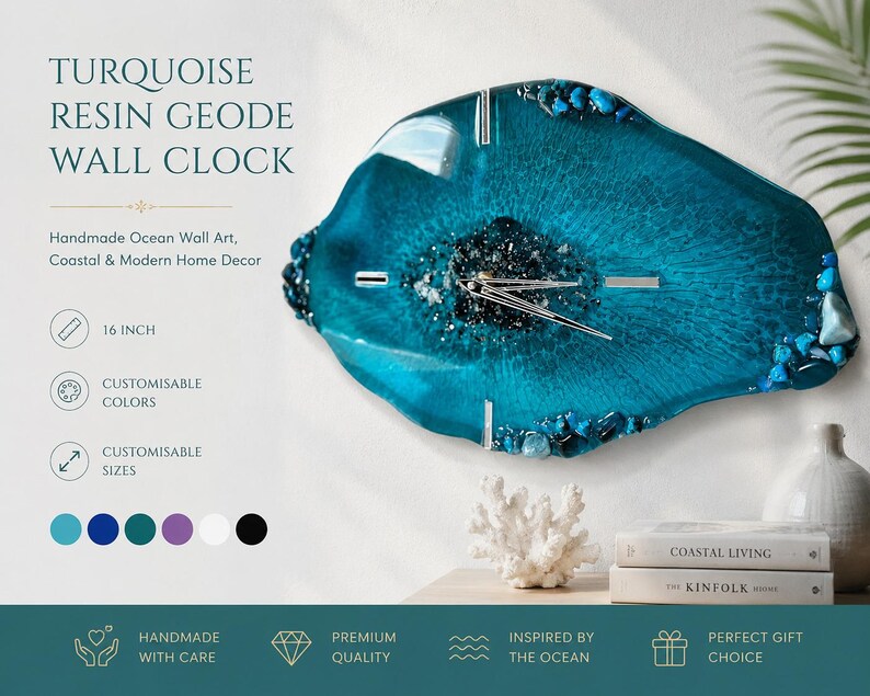 May include: A 16-inch turquoise resin geode wall clock with a glossy finish, featuring a central cluster of dark crystals, silver clock hands, and decorative stone accents along the edges. The text reads TURQUOISE RESIN GEODE WALL CLOCK.