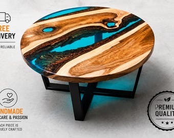 Handmade Walnut Epoxy Resin River Coffee Table | Round Turquoise Wood Furniture