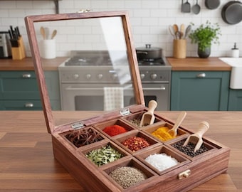 Handmade Wooden Spice Box | Masala Dabba with 9 Containers