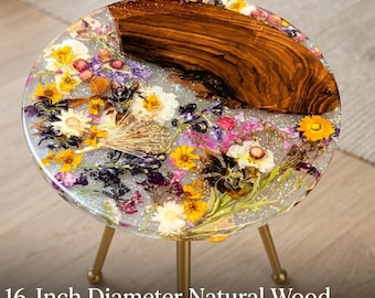 Table d'appoint en bois naturel, fleurs séchées et résine, table d'appoint florale de 16 pouces de diamètre
