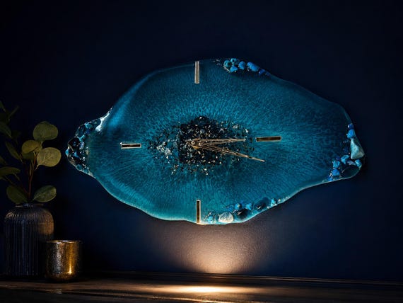 Turquoise Resin Geode Wall Clock – Handmade Ocean Wall Art, Coastal & Modern Home Decor